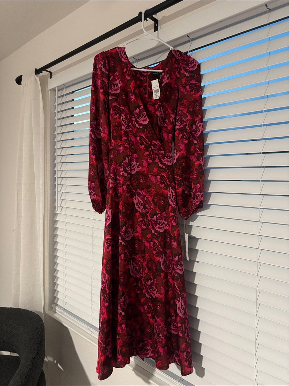 Maison Tara Burgundy and Magenta Floral V-Neck Midi Dress
